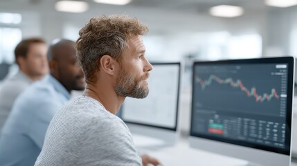 Focused professionals monitor market charts on desktop screens in a modern office, analyzing trading data and performance.