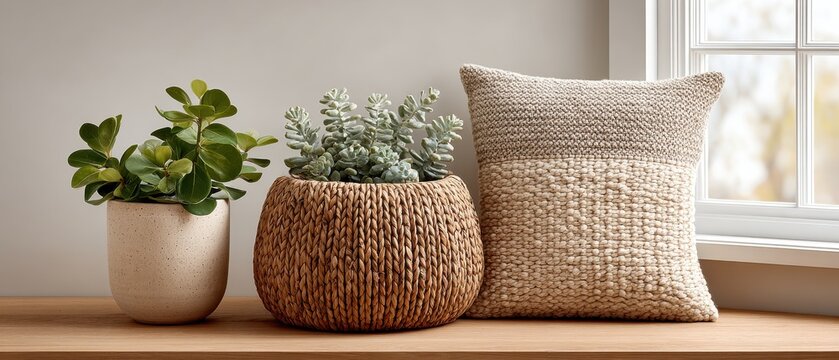 Two potted succulents and a textured woven pillow sit on a wooden surface by a bright window, creating a calm, minimalist home decor vignette in neutral tones. - Powered by Adobe