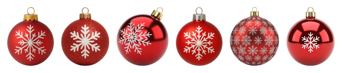 Red Christmas ornament set including matte, glitter, and glossy finishes with snowflake designs isolated. Festive holiday decoration collection.