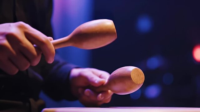 Close-up of Musician's Hands Playing Wooden Claves with Blurred Colorful Lights in Background