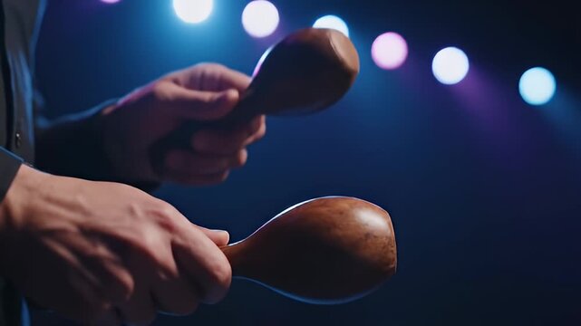 Close-up of Hands Playing Wooden Maracas in Dramatic Blue and Purple Stage Lighting