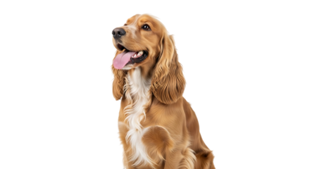 Portrait of a cocker spaniel with its tongue out looking upward with a happy expression on transparent background