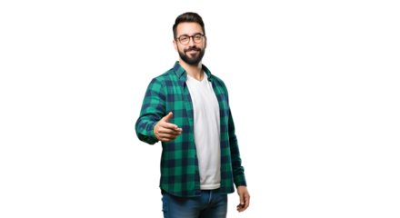Man with beard and glasses extending hand wearing plaid shirt and jeans in a friendly gesture on transparent background