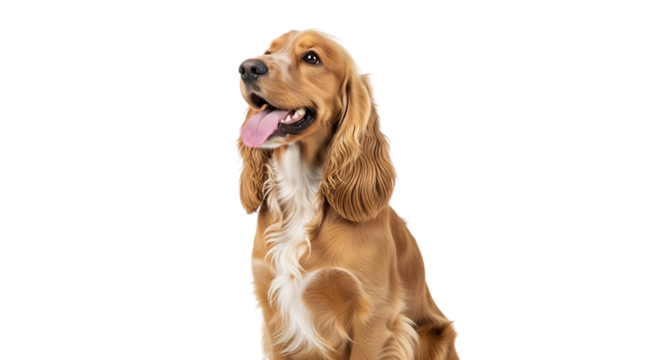 Portrait of a cocker spaniel with its tongue out looking upward with a happy expression on transparent background