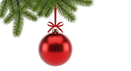 Festive holiday ornament hanging from a christmas tree branch with a ribbon bow, isolated view on transparent background