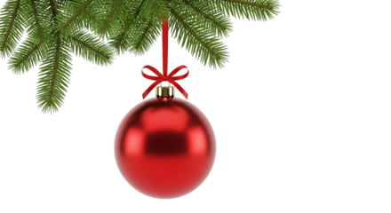 Festive holiday ornament hanging from a christmas tree branch with a ribbon bow, isolated view on transparent background