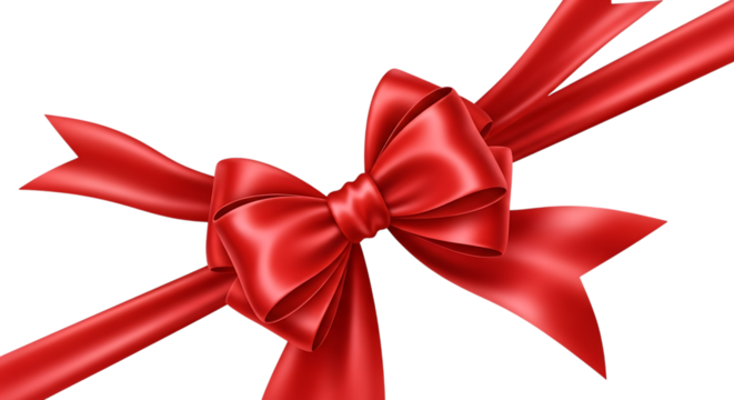 A vibrant red ribbon tied into a decorative bow with flowing ribbons on a plain setting on transparent background
