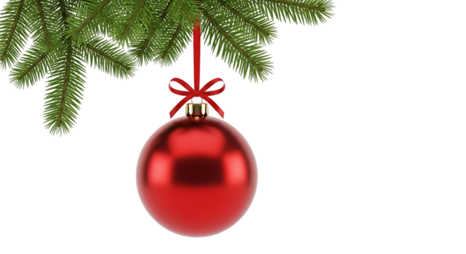 Festive holiday ornament hanging from a christmas tree branch with a ribbon bow, isolated view on transparent background