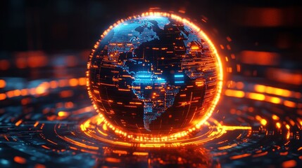 Glowing digital globe with illuminated continents and data streams in futuristic orange and blue colors representing global connectivity and technology