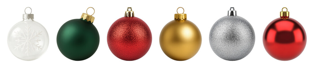 Christmas ornament set including red, gold, silver, green, white baubles with matte, glitter, snowflake isolated. Festive holiday decor collection.