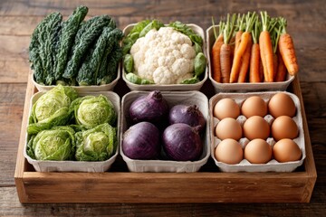 Wooden crate of market produce: kale, cauliflower, carrots, baby lettuce, red onions, and brown eggs in pulp cartons on a rustic table.