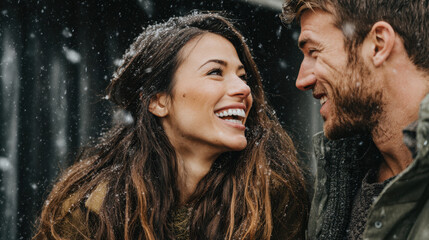 Smiling couple enjoying snowy weather, wearing warm jackets, standing close together, laughing playfully, surrounded by falling snow, sharing joyful moment outdoors.