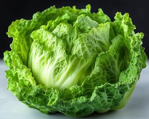 Fresh green leafy lettuce with textured crinkled leaves on a plain surface with dark background conveying freshness and natural quality