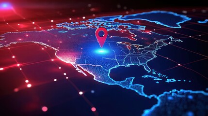 Digital map of North America with glowing blue highlights and a red location pin marking a central point, surrounded by a network grid and illuminated dots