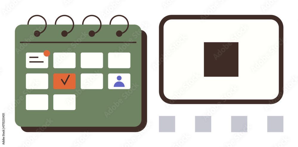 Poster green calendar with marked events, checkmarks, and user profile next to task board. ideal for time m