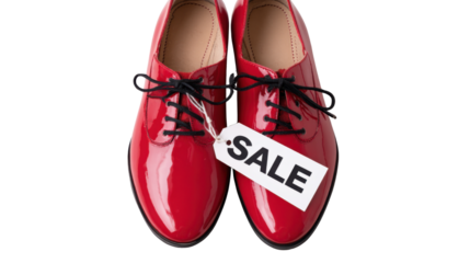 red shoes of winter session with sale tag on white background