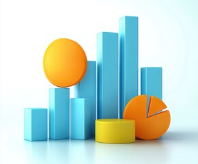 3D colorful financial charts including blue bar graphs, orange pie charts, and a yellow cylinder on a white background symbolizing data analysis and business growth