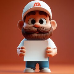 3d cartoon character with large eyes and mustache holding a blank square sign on an orange background