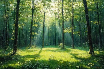 Fototapeta premium Sunlight streaming through tall trees in a lush green forest clearing, casting long shadows and creating a peaceful natural scene