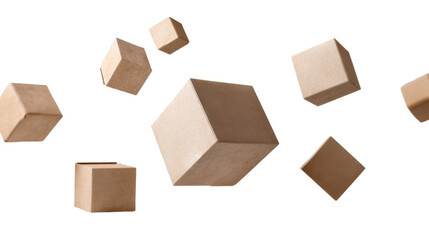 Floating Cardboard Box Mockup Light Brown Cube on white background