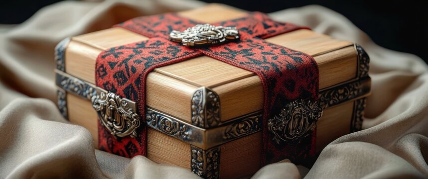 ornate wooden treasure chest decorated with intricate metal accents and a rich red patterned fabric ribbon on soft beige cloth