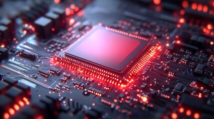 Obraz premium Close-up view of a glowing red computer microchip on a circuit board with intricate electronic components and connections