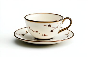 Fototapeta premium Elegant white porcelain teacup and saucer set with delicate brown floral branch design and gold trim on handle and edges against a white background