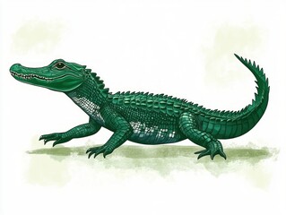 Fototapeta premium Detailed illustration of a green crocodile with textured scales and sharp claws walking on a light green background
