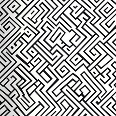 Intricate black and white maze pattern with repeating geometric lines and shapes creating a complex labyrinth design