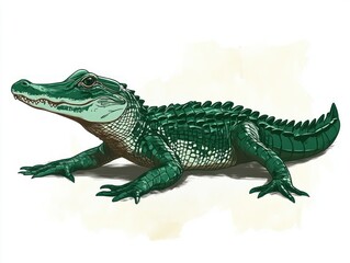 Naklejka premium Detailed illustration of a green alligator lying on a light textured background showing textured skin and sharp claws