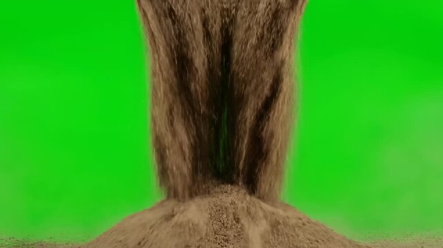 A large quantity of coarse brown sand pouring rapidly, creating a dynamic cascade, isolated on a solid green screen element, force, material