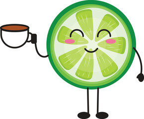 Obraz premium Smiling Lime Slice Character Enjoying a Coffee, Cartoon Food Illustration