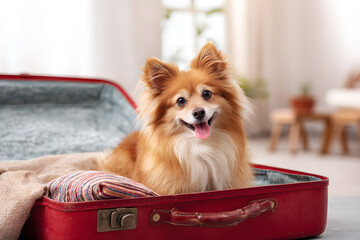 Playful dog sitting inside a partially open red suitcase, radiating a joyful and adventurous spirit.