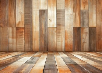Naklejka premium Empty room with wooden floor and wooden paneled wall in various shades of brown and beige