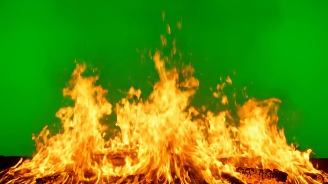 A large, powerful roaring fire with intense orange and yellow flames burning vigorously, isolated on a green screen hot, burning vigorously, intense orange flames