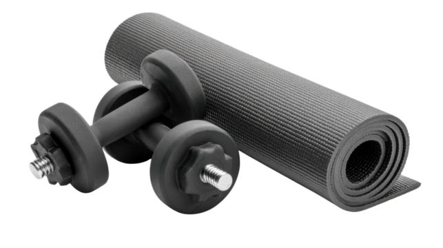 Fitness dumbbells with yoga mat rolled isolated on white background