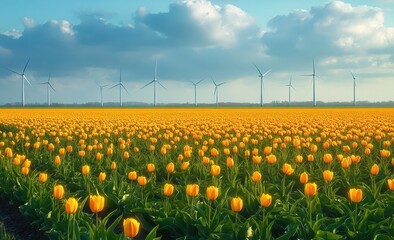 Vast field of orange tulips under a cloudy sky with wind turbines in the background symbolizing renewable energy and natural beauty