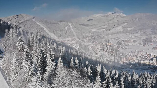 Drone capturing a breathtaking panorama of snow covered slopes, pine forests, and the charming town of Bukovel in Ukraine, a popular winter sports destination. Winter wild nature travel background