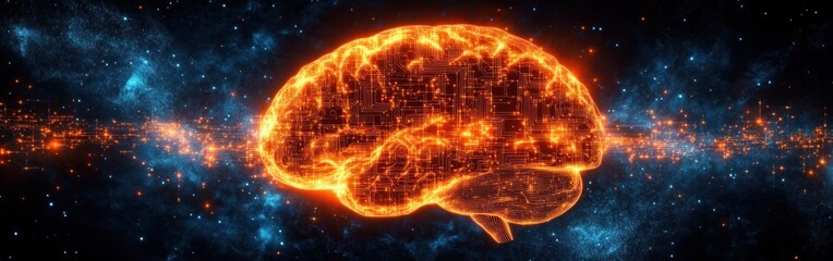 Glowing orange digital brain with circuitry patterns against a dark starry cosmic background, symbolizing artificial intelligence and neural networks