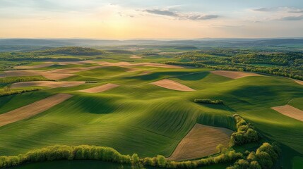 Aerial view of rolling green farmland hills with patches of cultivated fields and clusters of trees under a soft, glowing sunset sky