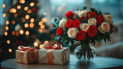 Elegant bouquet of red and white roses in a glass vase beside two neatly wrapped gift boxes with satin ribbons on a table, soft warm lights in the background