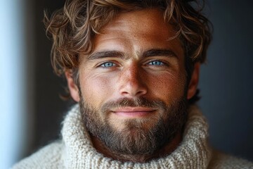 Obraz premium Close-up portrait of a smiling man with blue eyes, curly brown hair, a full beard, and a cozy knitted turtleneck sweater against a softly blurred background
