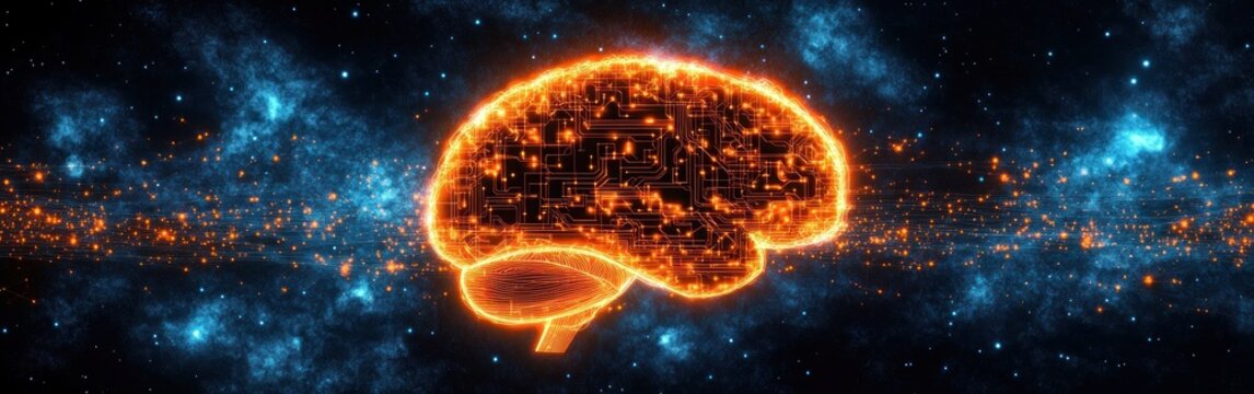 Glowing digital brain with circuitry patterns floating in a cosmic space filled with stars and nebulae, representing advanced technology and intelligence - Powered by Adobe