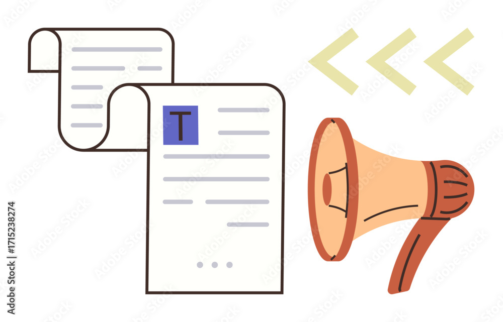 Fototapete document scroll with lines of text and a loudspeaker amplifying message arrows. ideal for marketing,