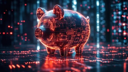 Futuristic glowing piggy bank with digital circuit patterns in a high-tech environment emitting red and blue neon lights