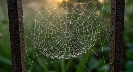 Spiderweb with dew drops, intricate, glistening in the morning sun, rustic garden background