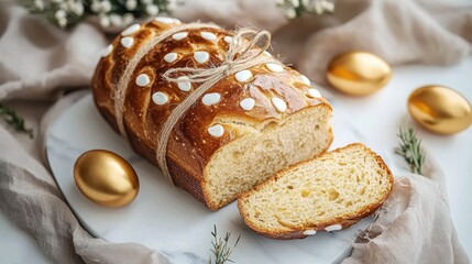 Naklejka premium Freshly baked braided bread decorated with white icing dots and tied with twine on a white marble board surrounded by golden eggs and soft beige fabric