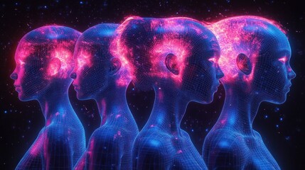 Four translucent digital human heads in profile with glowing neural networks in bright pink and blue hues against a dark starry background symbolizing technology and futuristic intelligence