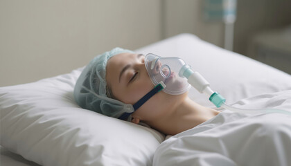 Woman using oxygen mask while resting in hospital bed  