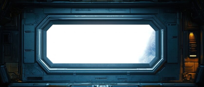 view from inside a futuristic spaceship or space station looking out through a large window at planet earth with dark metallic interior and soft lighting